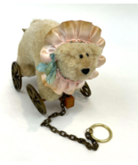 Vintage Pull Toy Plush Teddy Bear Wood Wheels Satin Collar 6.5&quot; Thailand  - $561.60 MXN