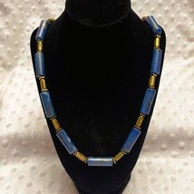 Vintage Handcrafted Blue &amp; Gold Tube Lucite Beaded 16&quot; Necklace - $18.76