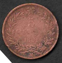 ITALY 1861 Very Good 5 Sentesimi Copper Smooth Round  Coin KM # 3 - £1.59 GBP