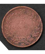 ITALY 1861 Very Good 5 Sentesimi Copper Smooth Round  Coin KM # 3 - £1.58 GBP