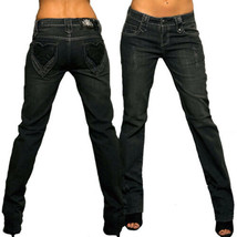 Rebel Spirit Leather Heart Pocket Biker Rocker Womens Straight Jeans Black NEW - £107.47 GBP