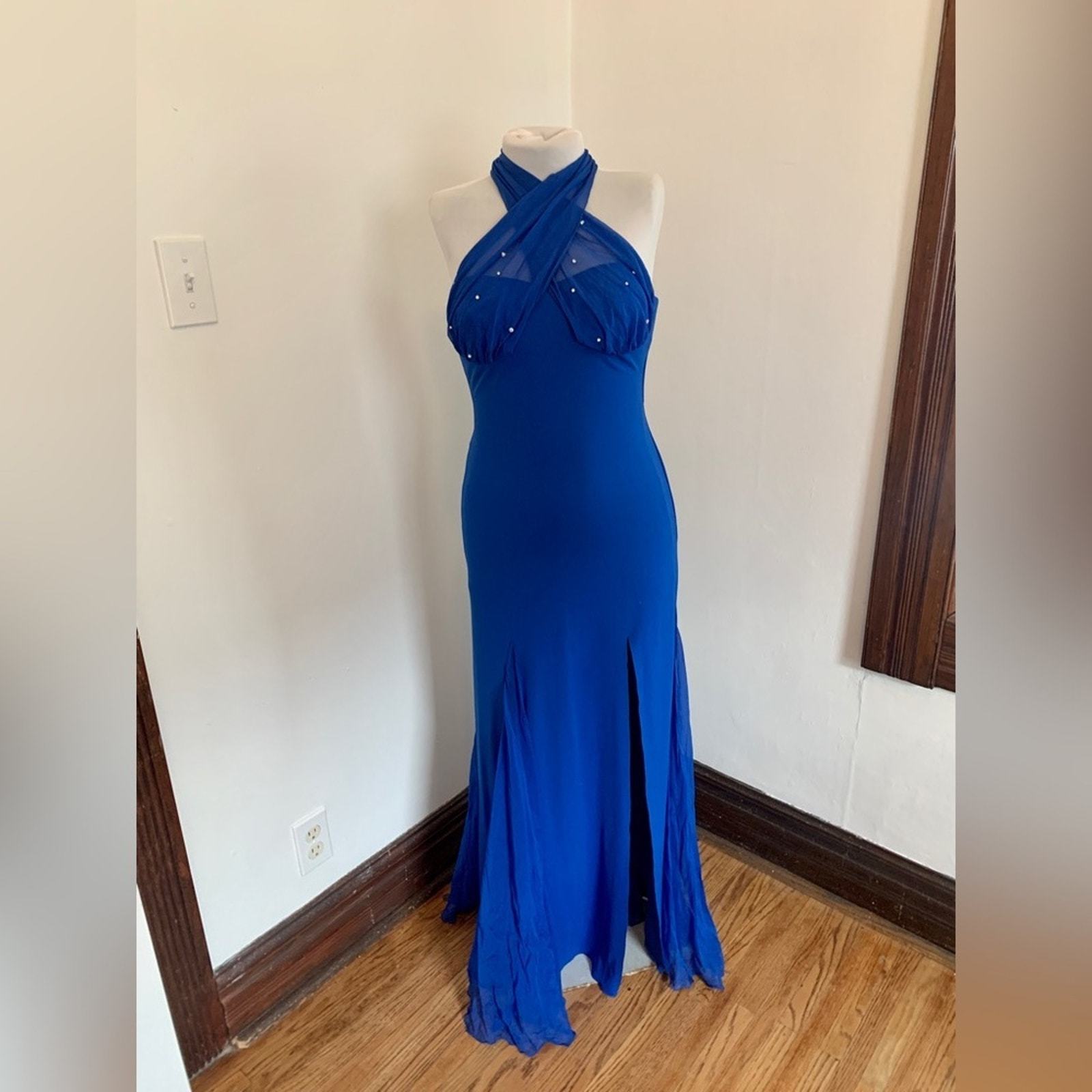 VTG 90 2000 y2k Blue Rhinestone Silk Slip Dress Formal Small Halter Nico... - $45.00