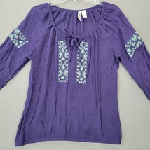 Mudd Women Shirt Size M Blue Preppy Embroidered Tunic Tie Scoop Neck 3/4 Sleeves - £11.50 GBP