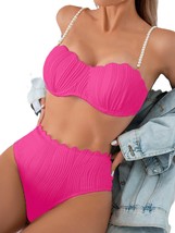 Trendy TRON High Waist Bikini Set with Pearl Straps, Push Up Top, 5 Colo... - $584.54 MXN
