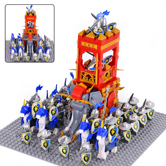 Medieval Blue Lion Knights Legion Army with War Elephant Minifigures Set C