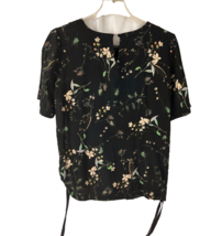 Matty M Black Floral Keyhole Blouse Short Sleeve Side Tie Hem Women’s M - $11.46