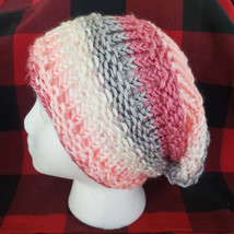 Pink/White/Grey Ultra Slouchy Knit Beanie - Handmade - £9.59 GBP