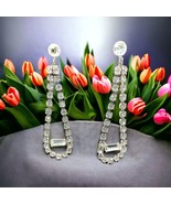 Vintage silver tone Screwback Rhinestone Long Earrings 3” wedding prom - $45.07 CAD