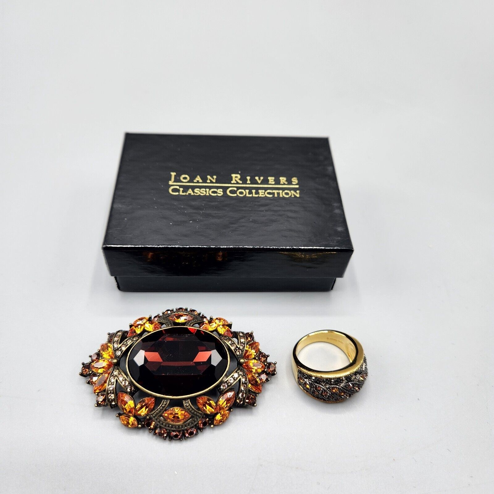 Joan Rivers Citrine Victorian Revival Brooch + Ring Gold Tone Signed w/ Box - $87.07