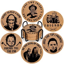 6Pcs Halloween Cork Coasters With Holder Horror Movie Character Cork Round Farmh - £20.41 GBP