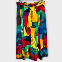 VINTAGE bold colorful watercolor rayon midi skirt size large - £29.69 GBP
