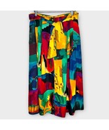 VINTAGE bold colorful watercolor rayon midi skirt size large - £30.05 GBP