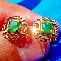 Earth mined Emerald Deco Design Earrings Unique Vintage Style Studs 14k Gold - £939.65 GBP