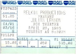 Vintage Julian Lennon Ticket Stub Avril 23 1985 Detroit Michigan - £33.66 GBP