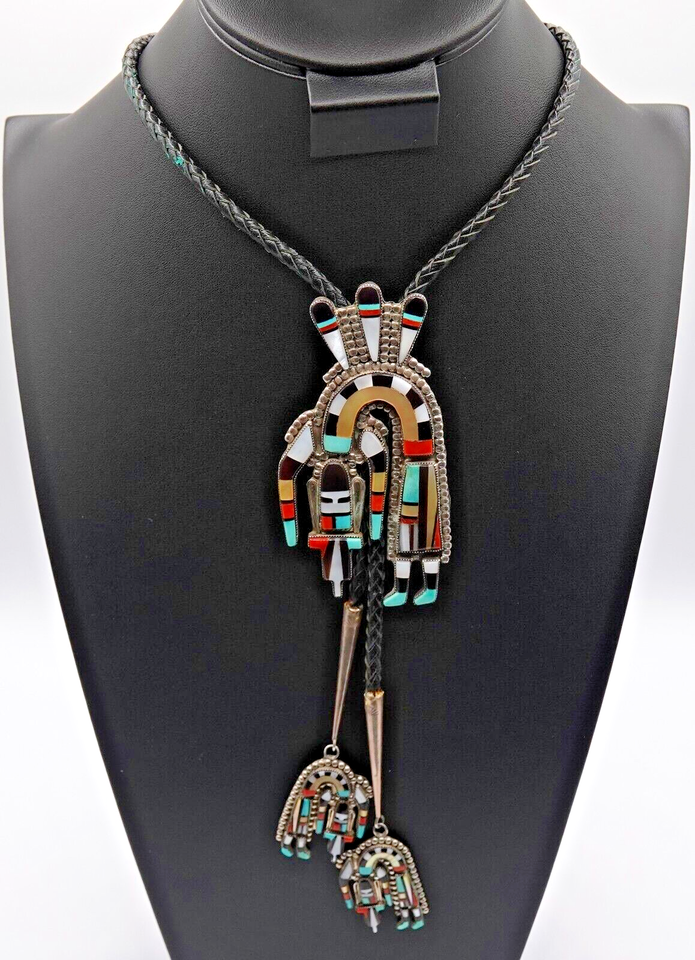 Zuni Sterling Silver Rainbow Man Bolo Tie Inlaid Turquoise Onyx Signed O... - $1,583.01