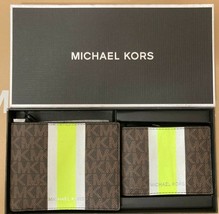 NWB Michael Kors Billfold Wallet Box Set Brown Neon 36H1LGFF1B NIB $178 Dust Bag - £46.84 GBP