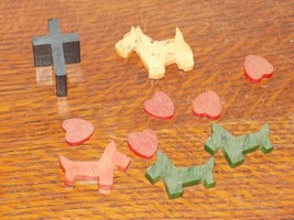 Vintage Bakelite Slabs of Scotties, Hearts and Cross to be made into a pin - $724.39 MXN
