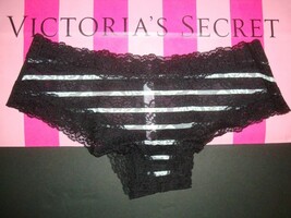 NEW VICTORIA&#39;S SECRET PINK ALL OVER LACE CHEEKSTER PANTY PURE BLACK STRI... - $10.88