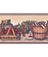 2 Red Apple Basket American Flag Patriotic Birdhouse Wallpaper Border 15... - £10.71 GBP