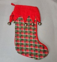 Vintage Wool Plaid Needlepoint Christmas Stocking Jingle Bells Red Velvet Cuff - £23.94 GBP