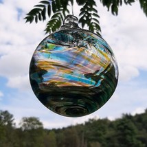 Hanging Glass Ball 4&quot; Diameter Clear With Yellow, Aqua, Purple Swirls #1 - $15.15