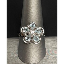 14K White Gold Diamond And Aquamarine Flower Ring Size 9.75 Sky - $482.63