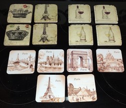 Paris Wine Coasters Stone &amp; Cardboard Square Absorbent 14pc Lot Eifel Tower etc. - £31.96 GBP