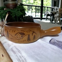 Vintage Swiss Pottery Fondue Pot Server Folk Art Mountain Stenciled Design Brown - £25.63 GBP