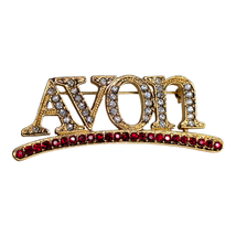 Avon Representative Logo Brooch Pin Gold Tone Metal Silver Red Rhineston... - $19.79