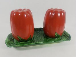 Maruhon Ware Salt &amp; Pepper Shakers w/ Tray Pumpkin Tomato Occupied Japan - £15.87 GBP