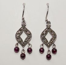 Sterling Silver 925 Marcasite And Triple Garnet Stone Wire Hook Dangle E... - $39.99