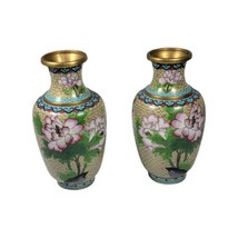 VTG Pair of Cloisonne Chinese Enamel Peony Floral Bird Brass Vases 7&quot; Ma... - £186.83 GBP
