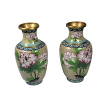 VTG Pair of Cloisonne Chinese Enamel Peony Floral Bird Brass Vases 7&quot; Ma... - £186.88 GBP