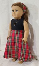 3-PC Xmas Outfit Clothes For 18&quot; Doll Dress, Headband &amp; Necklace Black Red Plaid - $12.86