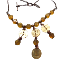 Artisan Necklace Glass Bead Vintage Yellow Buttons Wire Wrap Copper Mod Geo - £23.64 GBP