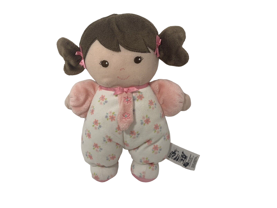 Baby Starters plush soft brunette baby doll rattle pink flowers 2016 stuffed toy - $8.90