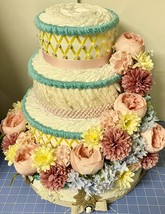 Vintage Shabby Chic Baby Shower Diaper Cake Turquoise Blue , Pink and Yellow  - £166.04 GBP