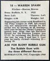 1948 Bowman #18 Warren Spahn Rookie Reprint - MINT - Boston Braves - $1.98