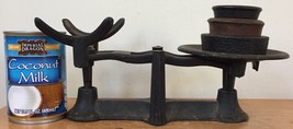 Vtg Antique Primitive Old Fashioned Cast Iron Balance Scale w 3 Weights ... - £176.32 GBP