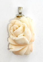 Carved Floral Angel Skin Coral Sterling Silver Pendant 1&#39;&#39; Long - £179.85 GBP