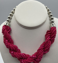 Jewelry Necklace Deep Pink Twisted Beads Various Sizes Shapes Silver Bead Chain - £7.59 GBP