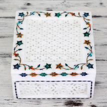 White Marble Jewelry Box Inlay Arts Marquetry Multi Stone Filligree Deco... - $277.54+