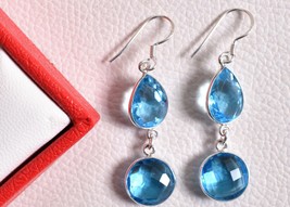 925 Argent Sterling Bleu Gemme Topaze Main Boucles D&#39;Oreilles Elle Fest ... - £25.28 GBP