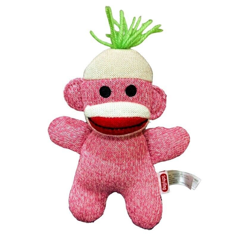 Sock Monkey Plush Stuffed Animal Pink Small Toy 8 Inch Green Yarn Hair Schylling - $7.74