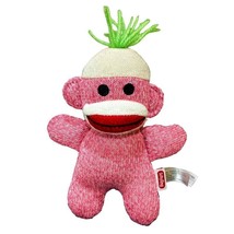Sock Monkey Plush Stuffed Animal Pink Small Toy 8 Inch Green Yarn Hair Schylling - £6.08 GBP