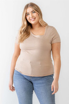 Women&#39;s Plus Taupe Waffle Knit Angled Neck Short Sleeve Top - $12.80