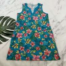 Lands End Womens Shift Dress Size M Blue Pink Tropical Floral Sleeveless Pockets - $28.70