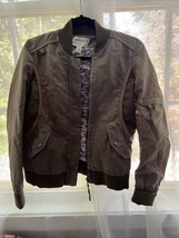 Marrakech Anthropologie Sz S Army Green Button Up Moto Jacket Stretch Zi... - $27.09