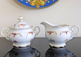 Schumann Bavaria Germany Floral Design and Gold Trim Lidded Sugar Bowl &amp; Creamer - £86.13 GBP