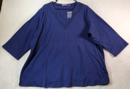 Quacker Factory Blouse Top Womens 2X Blue Knit Sequin 3/4 Sleeve V Neck Casual - £16.55 GBP